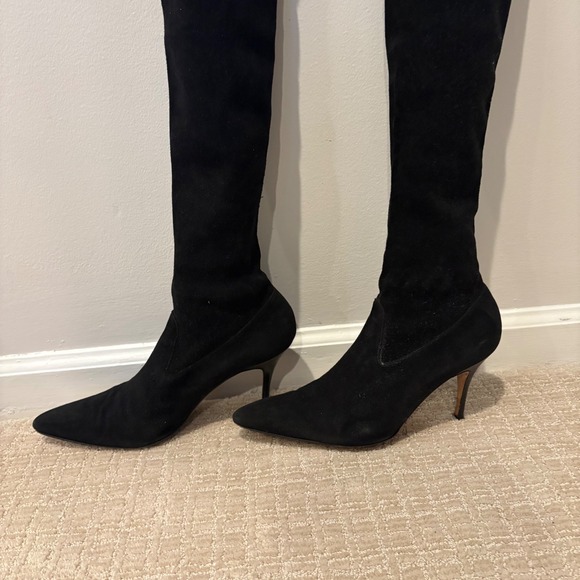 Manolo Blahnik Over The Knee Boots Black Suede Pointed Toe Heels Designer Sz 39 - Picture 10 of 11